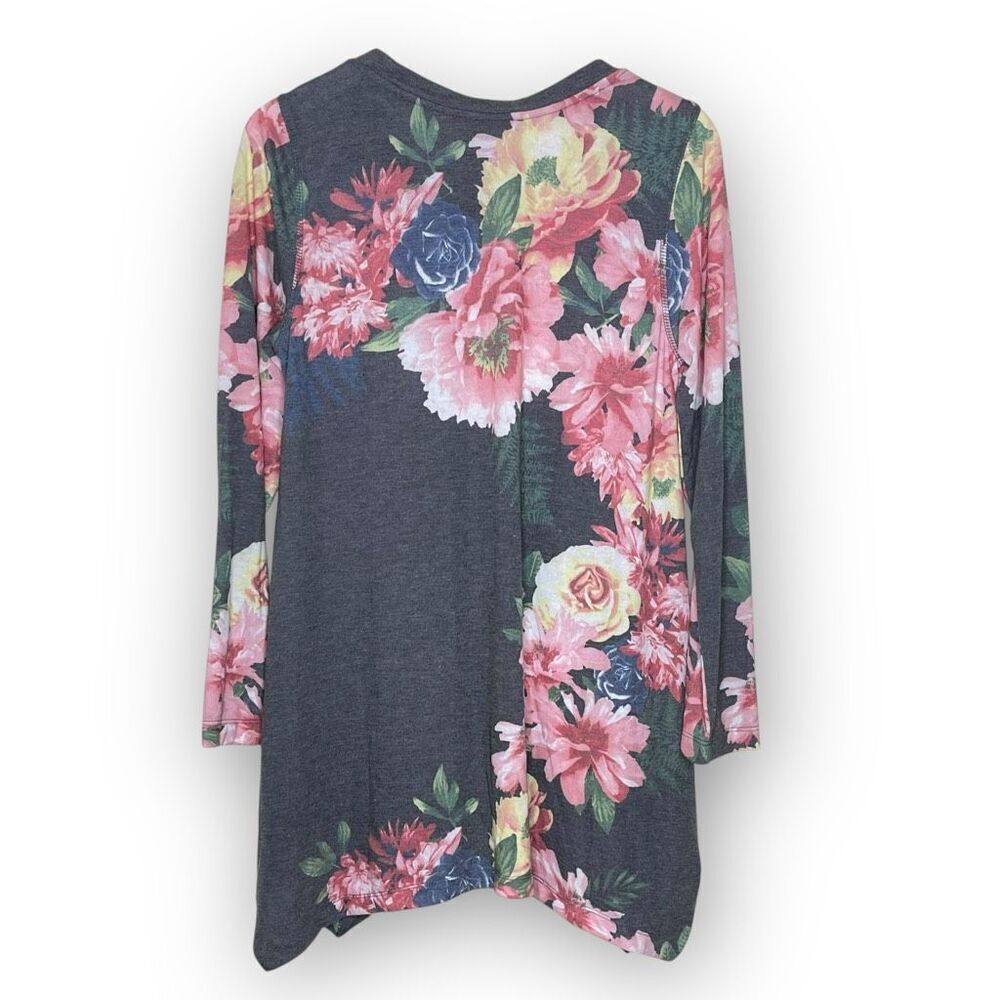 Philosophy Tunic Gray Floral Botanical Asymmetrical Blouse Top Womens Size Large - Picture 2 of 8
